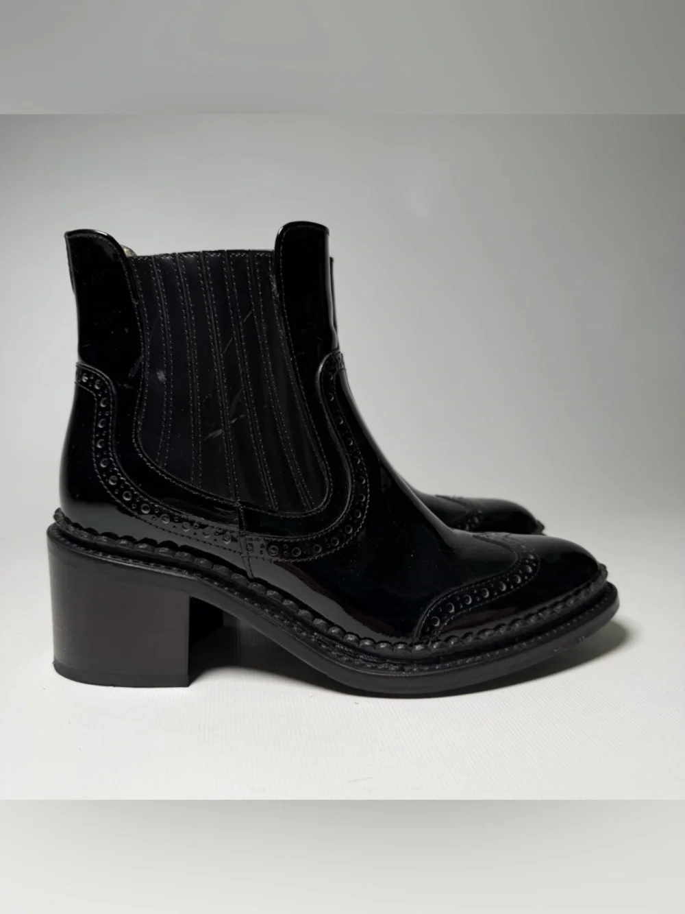 The Office of Angela Scott Patent Leather Wingtip Chelsea Boots - sz 35.5